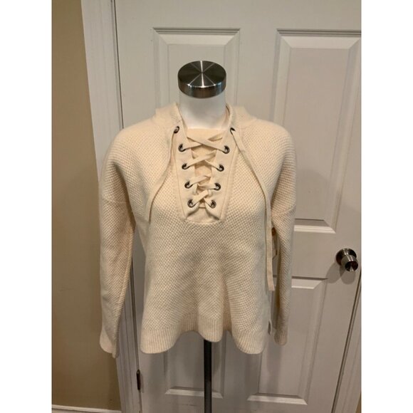 Madewell Cream Knit Hooded Sweater W/ Lace-Up Front, Size Medium - Picture 1 of 7